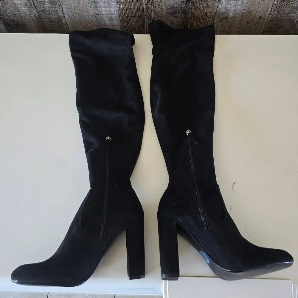 Steve Madden Mozee Black Faux Suede Embroidered Rose Over The Knee Boots 7.5 NWO